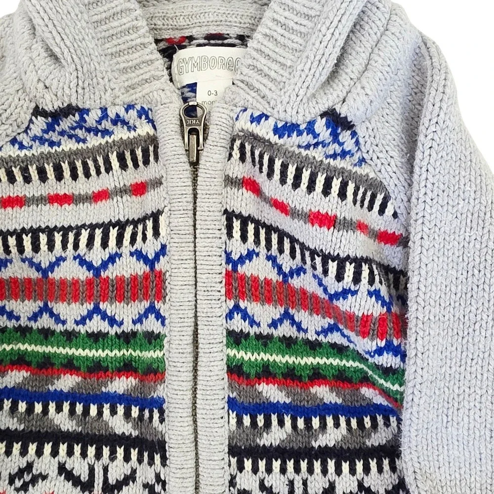 Gymboree Baby Boys Gray Fair Isle Hooded Zip Up Knit Sweater‎ 0-3 Months